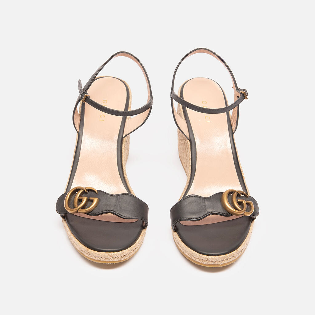 Gucci Black Leather Espadrille Wedge Sandal