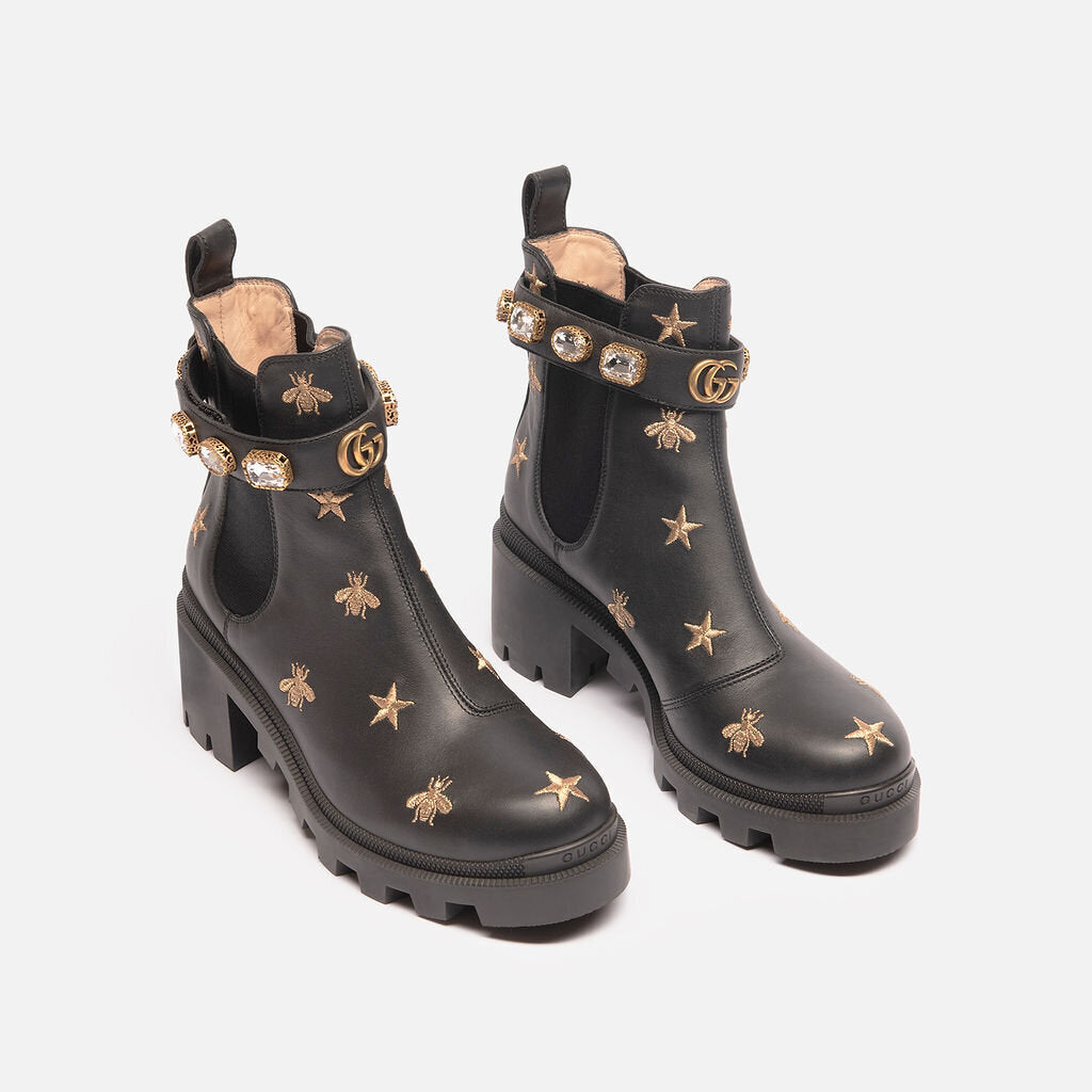 Gucci Black Leather Crystal Ankle Boot