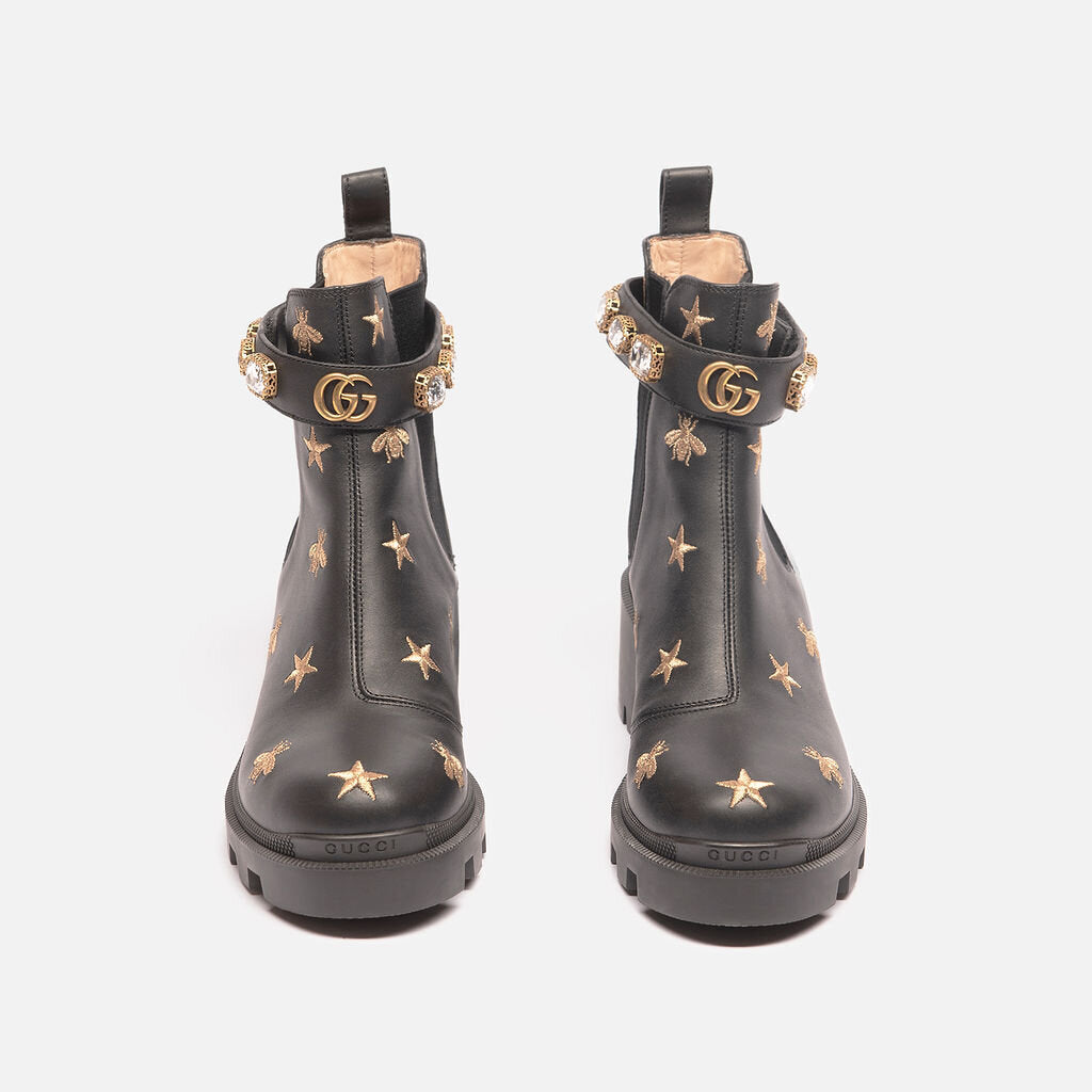 Gucci Black Leather Crystal Ankle Boot