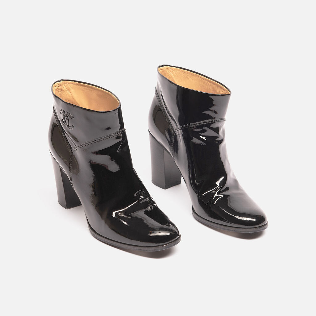 Chanel Black Patent Leather Heeled Bootie