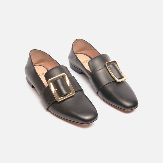 Bally Black Leather Gold Buckle Flat