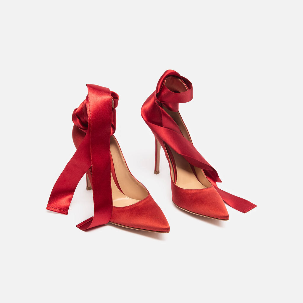 Gianvito Rossi Red Satin Wrap Ankle Pumps