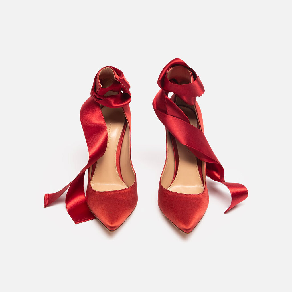 Gianvito Rossi Red Satin Wrap Ankle Pumps