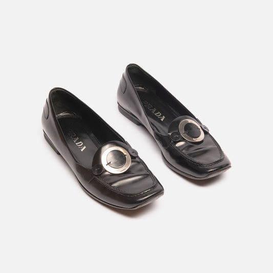 Prada Black Leather Silver Circle Loafers