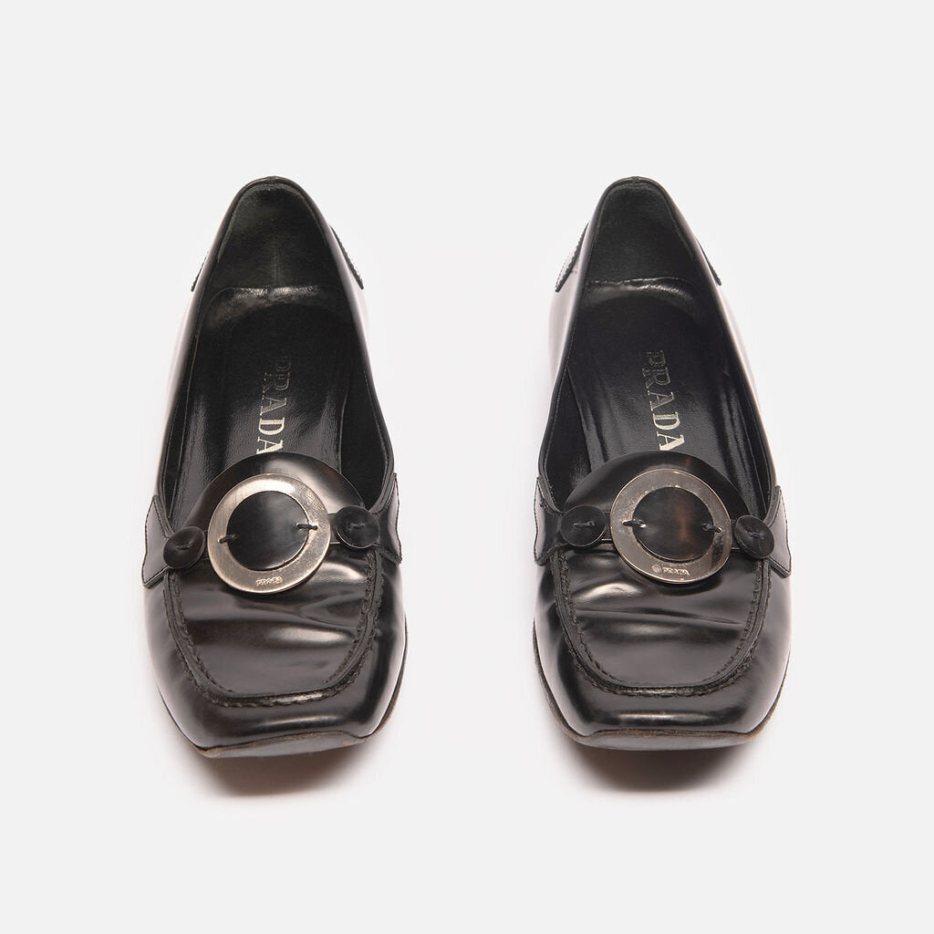 Prada Black Leather Silver Circle Loafers