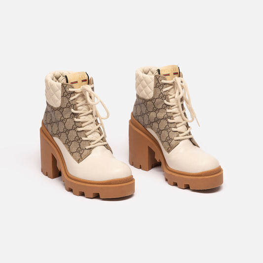 Gucci Cream Leather GG Canvas Combat Ankle Boot