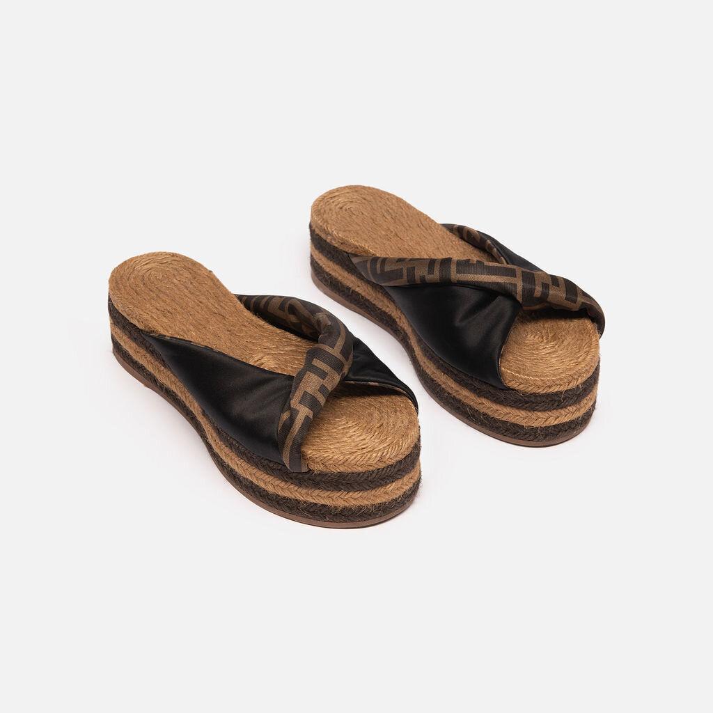 Fendi Black Logo Espadrille Platform Slides