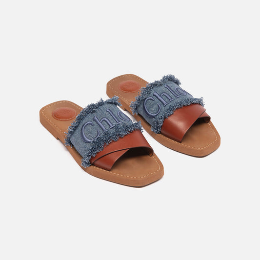 Chloe Denim Brown Leather Slides