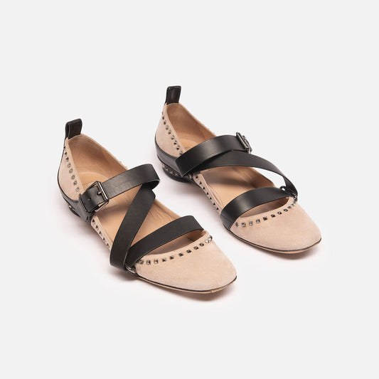 Valentino Gray, Black, Suede, and Leather Rockstud Flat