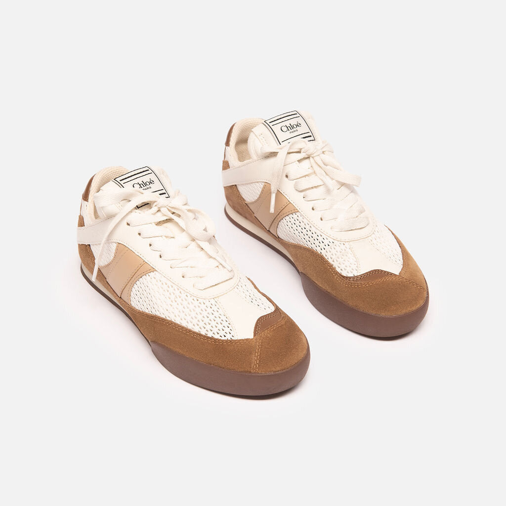 Chloe White and Brown Mesh Suede Sneaker