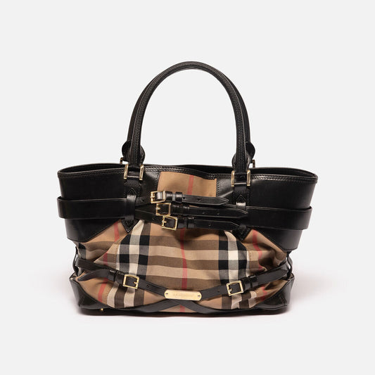 Burberry Black & Tan Nova Check Leather Trim Tote