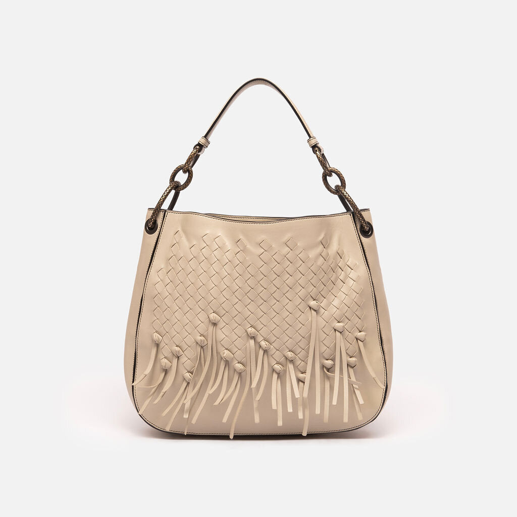 Bottega Veneta Greige Intrecciato Fringe Shoulder Bag