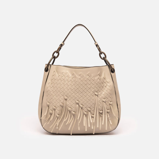 Bottega Veneta Greige Intrecciato Fringe Shoulder Bag