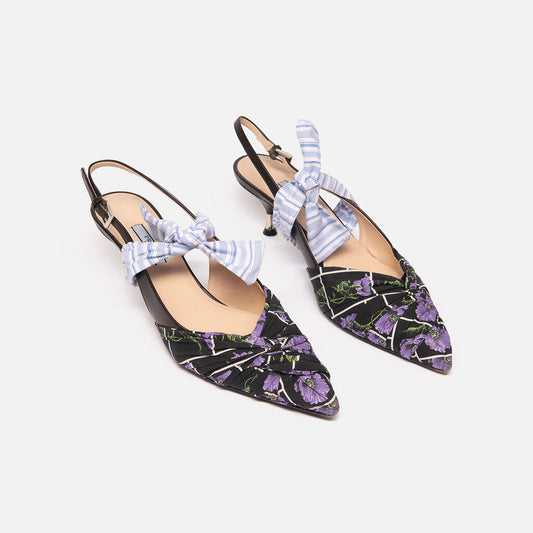 Prada Black Multi Floral & Stripe Slingback Pumps