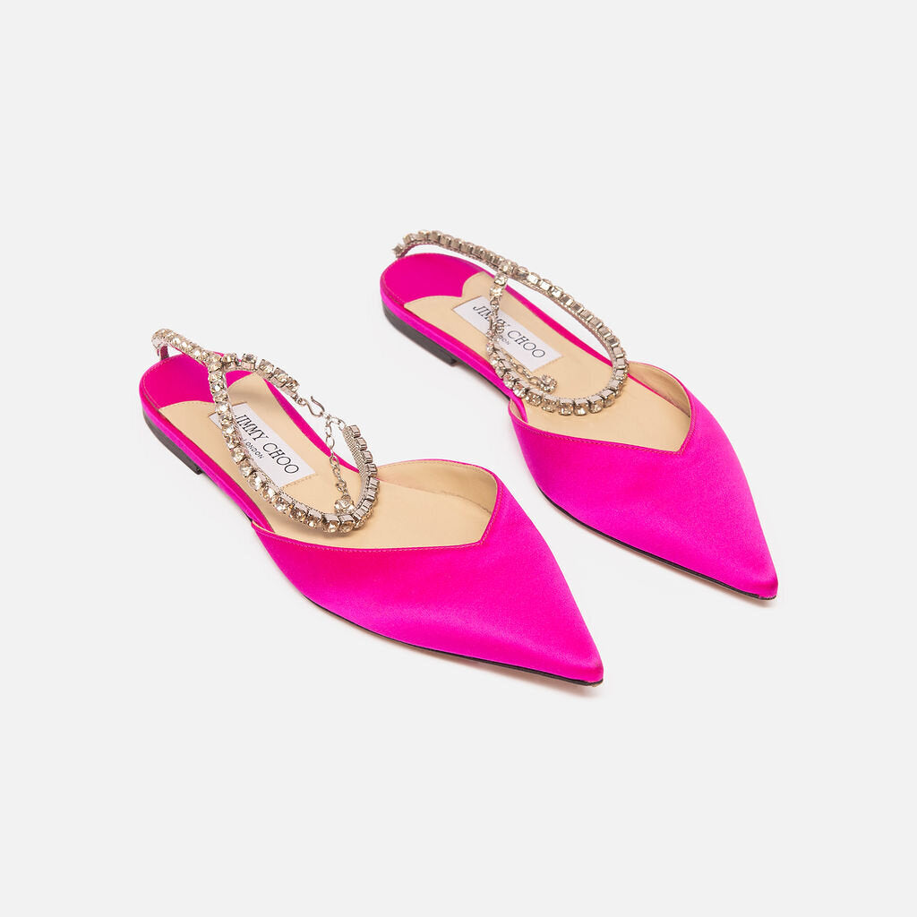 Jimmy Choo Fushia Pink Satin Crystal Flat