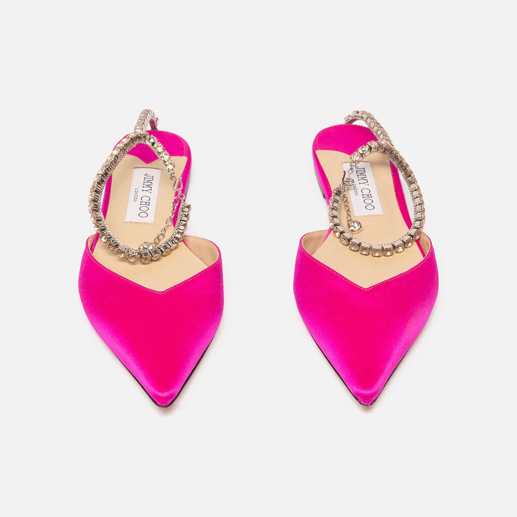 Jimmy Choo Fushia Pink Satin Crystal Flat