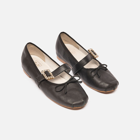 Helena and Kristie Black Leather Crystal Buckle Mary Jane Flat