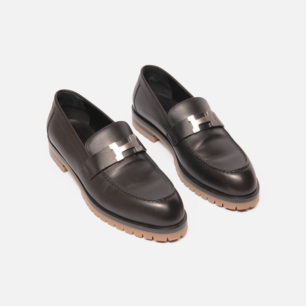 Hermes Black Leather Loafer with Palladium Hardware