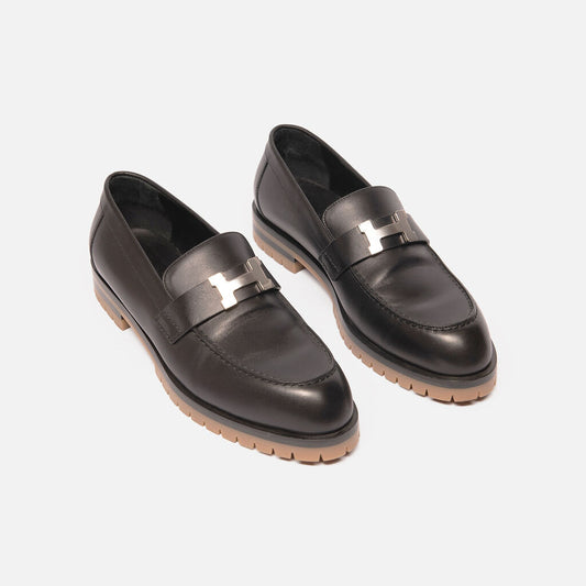 Hermes Black Leather Loafer with Palladium Hardware