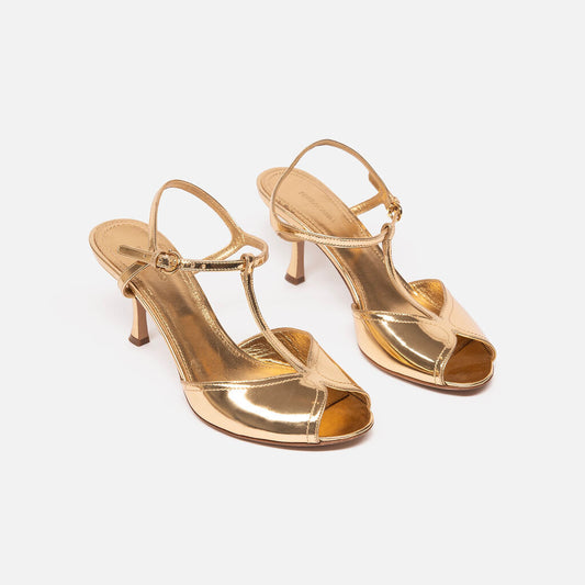 Ferragamo Gold Metallic Leather T-Strap Heel