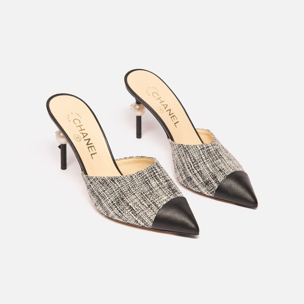 Chanel Black Tweed Cap Toe Mule