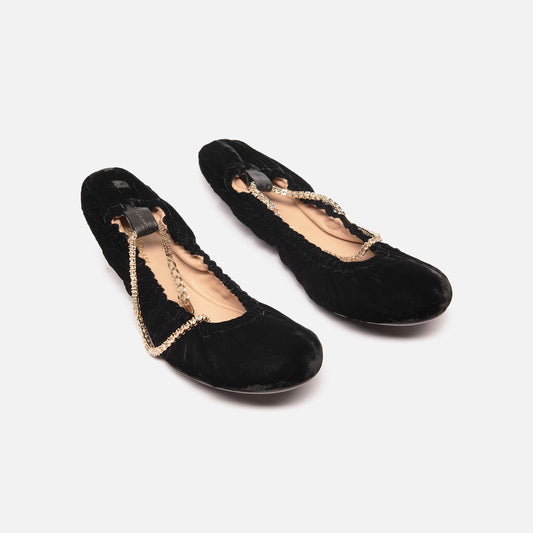 Gianvito Rossi Black Velvet Crystal Ankle Strap Flat