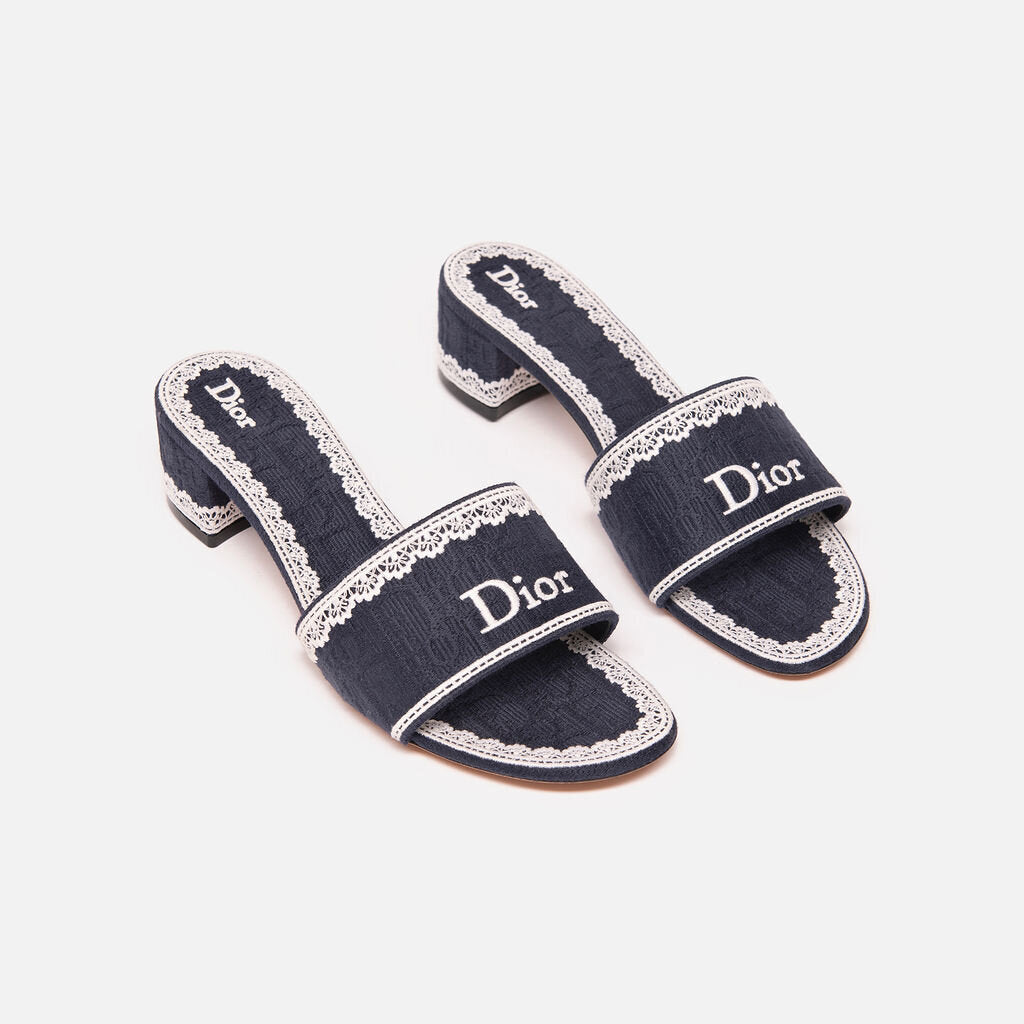 Christian Dior Blue & White Embroidered Logo Slides
