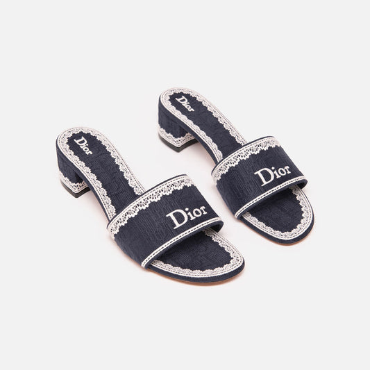 Christian Dior Blue & White Embroidered Logo Slides