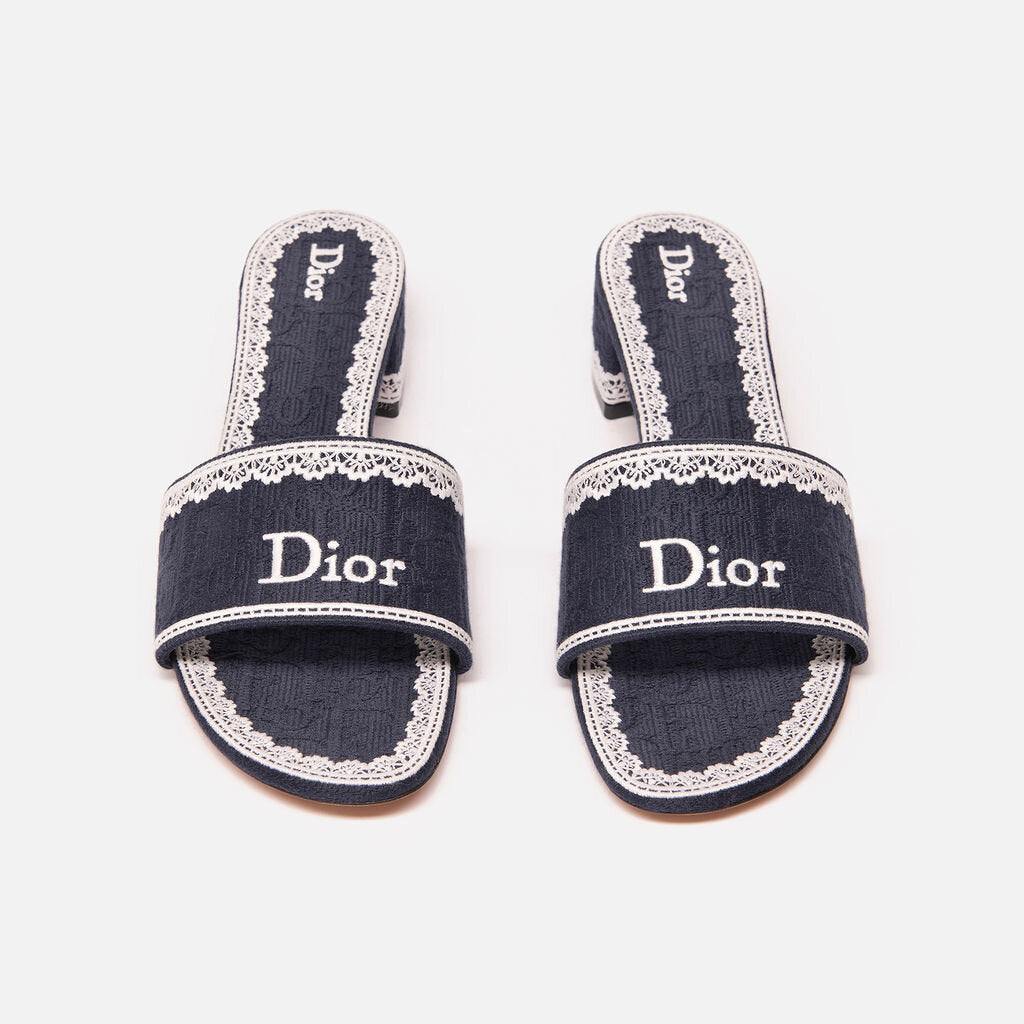 Christian Dior Blue & White Embroidered Logo Slides