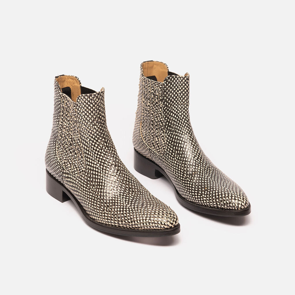 Angela Scott Black & White Leather Animal Print Ankle Boot