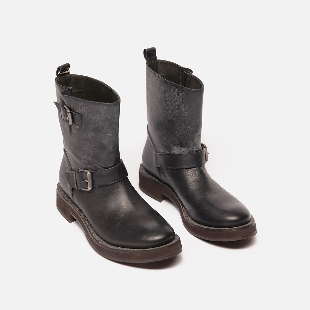 Brunello Black Leather Double Buckle Moto Boots
