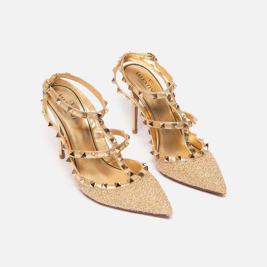 Valentino Gold Leather & Tweed Rockstud Pump