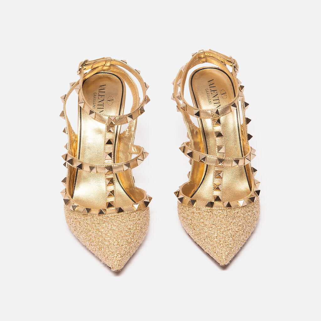 Valentino Gold Leather & Tweed Rockstud Pump