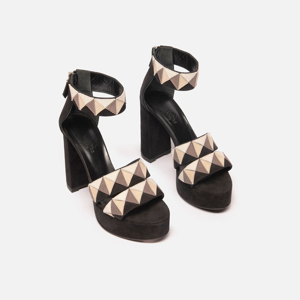 Hermes Black & Multi Suede Platform Sandal