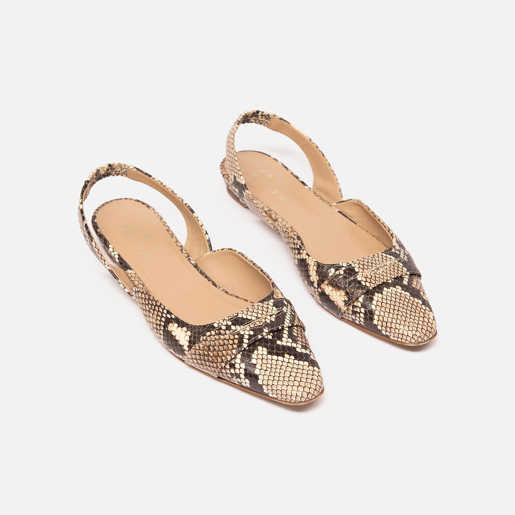 Jamie Haller Brown Snake Print Slingback Flats