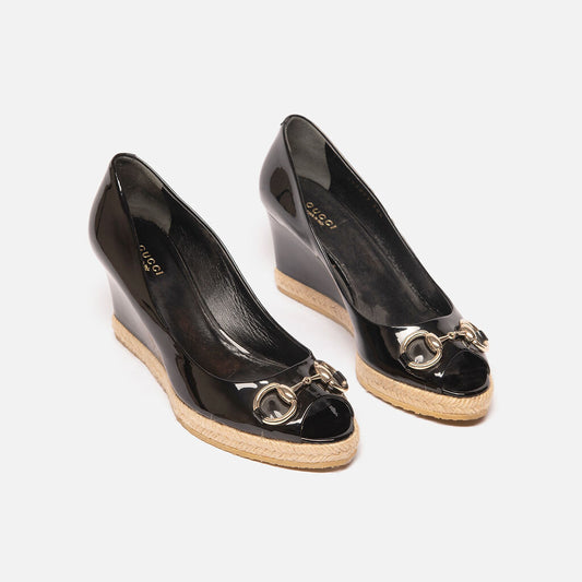 Gucci Black Patent Leather Wedge Heel