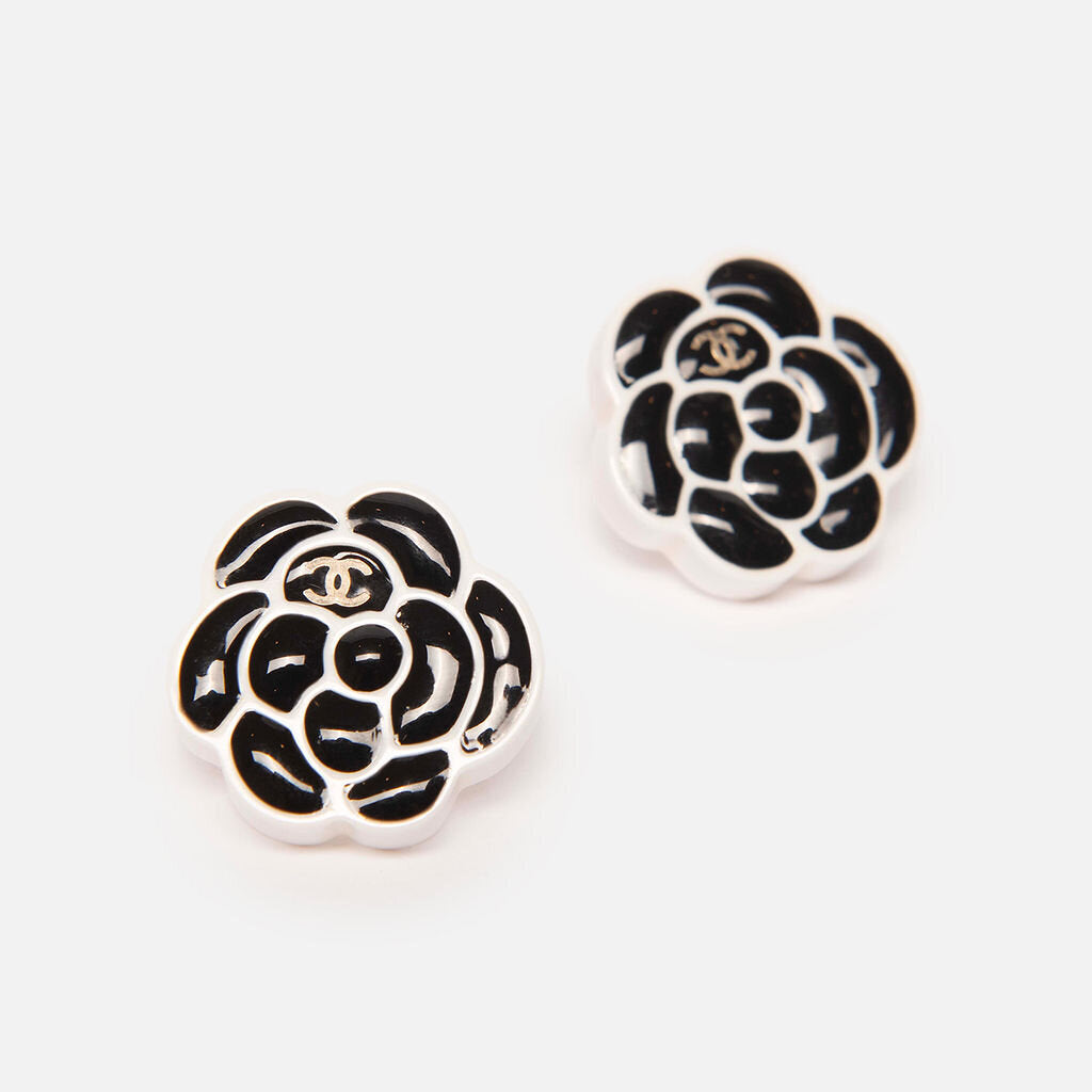 Chanel Camellia Floral CC Black & White Post Earring