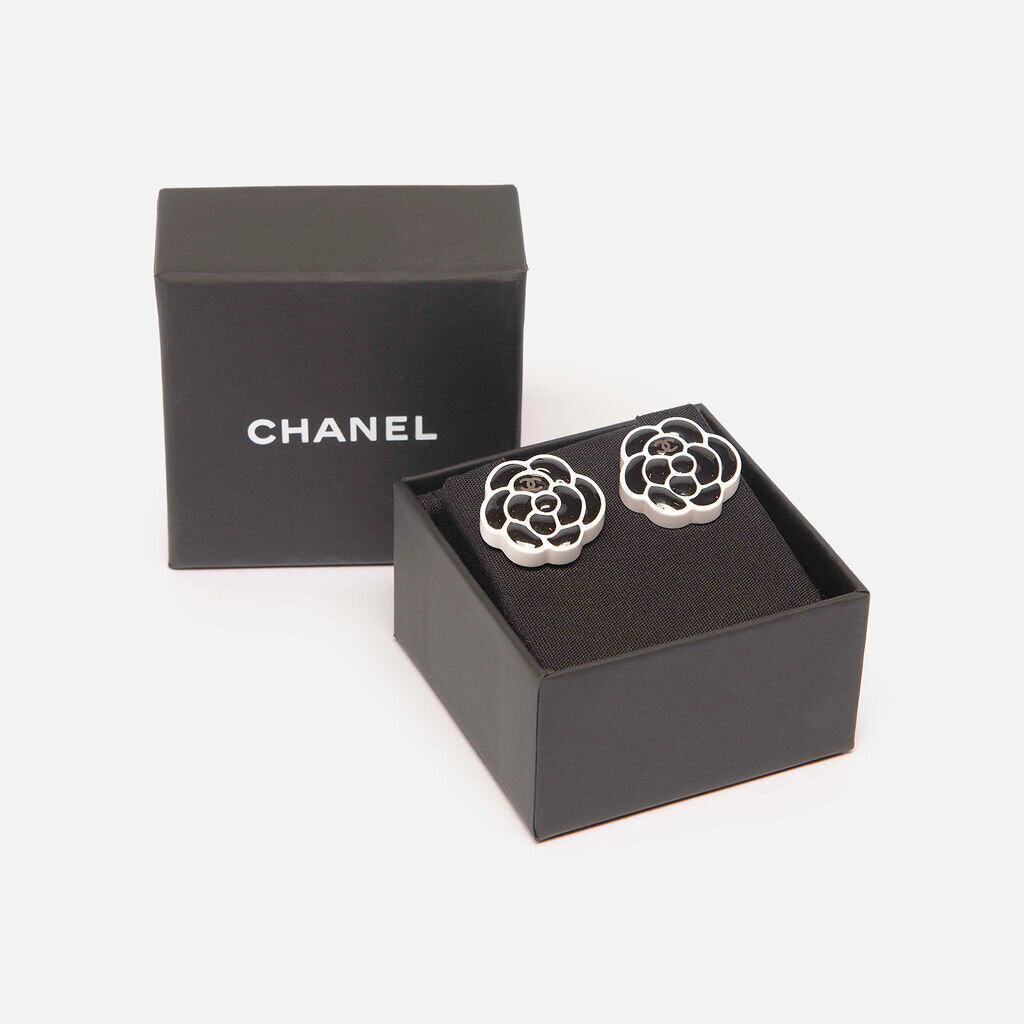 Chanel Camellia Floral CC Black & White Post Earring