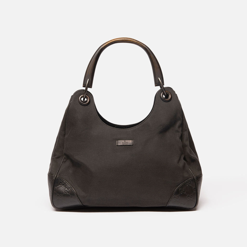 Gucci Black on Black Canvas Bamboo Shoulder Bag