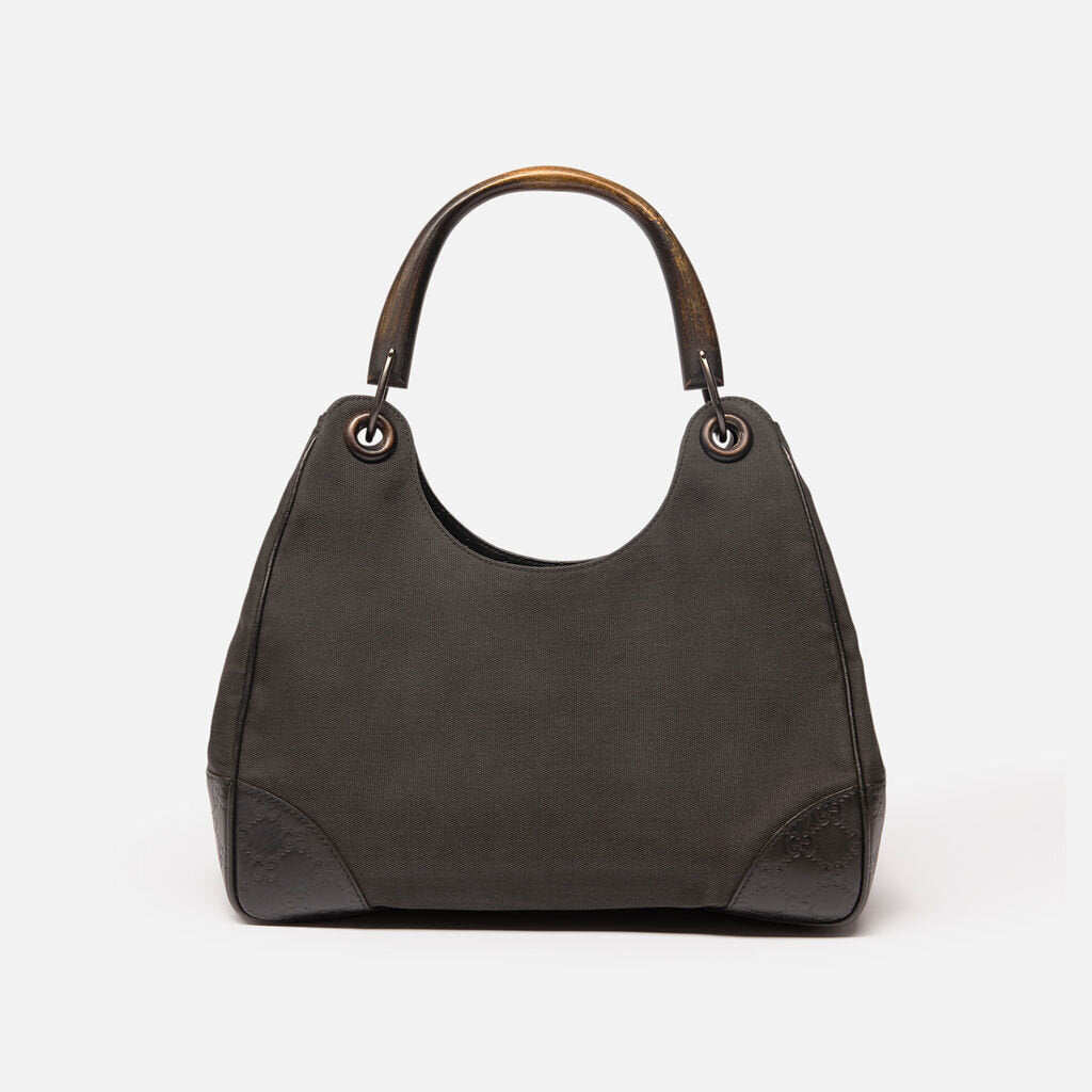 Gucci Black on Black Canvas Bamboo Shoulder Bag