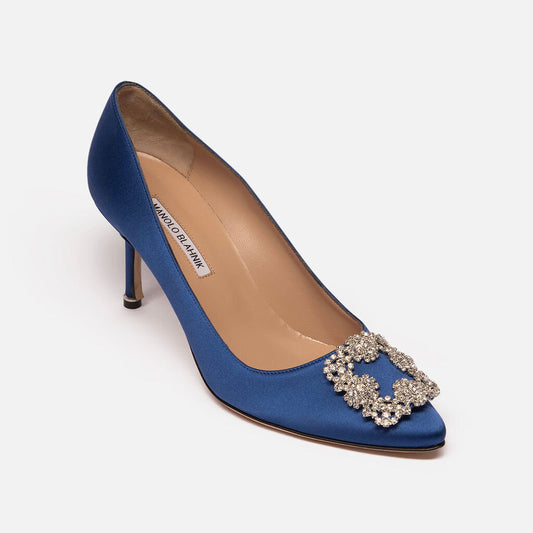 Manolo Blahnik Blue Satin 'Hangisi" Pumps