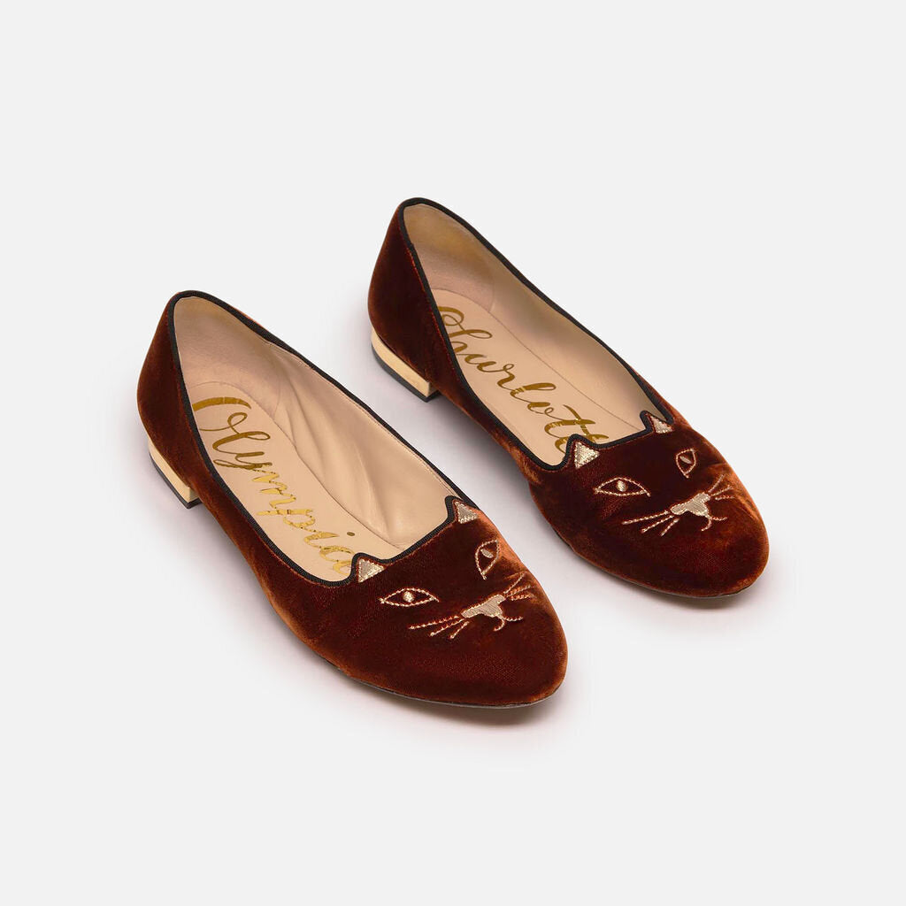 Charlotte Olympia Brown Suede Cat Flat