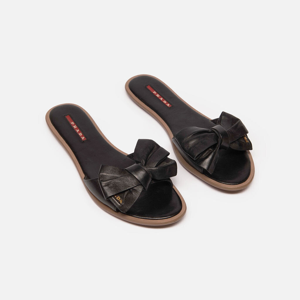 Prada Sport Black Leather Bow Accent Slide