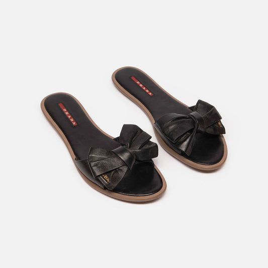Prada Sport Black Leather Bow Accent Slide