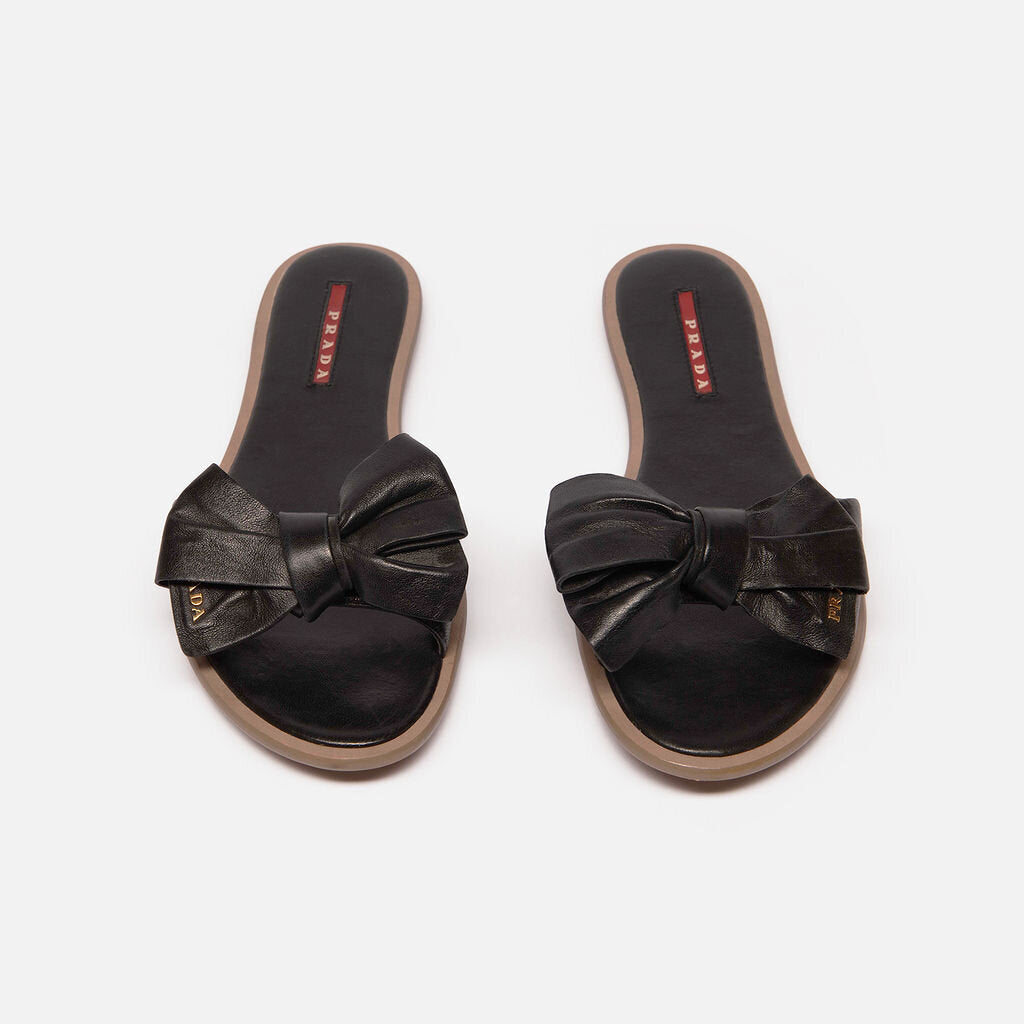 Prada Sport Black Leather Bow Accent Slide