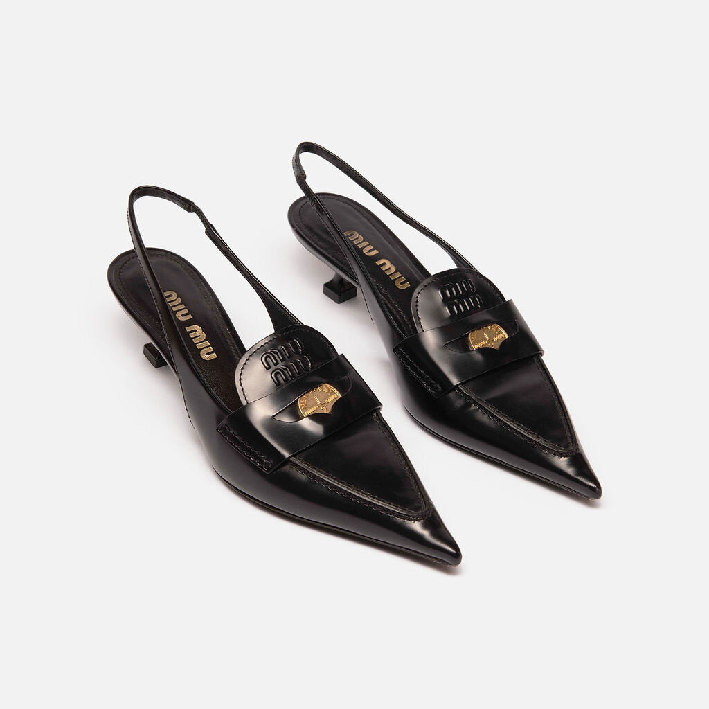 Miu Miu Black Leather Gold Penny Slingbacks