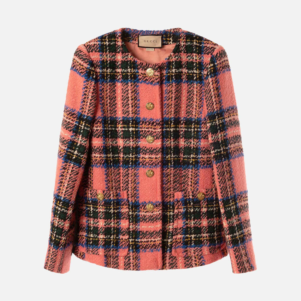 Gucci Pink Tartan-Check Wool Boucle Jacket