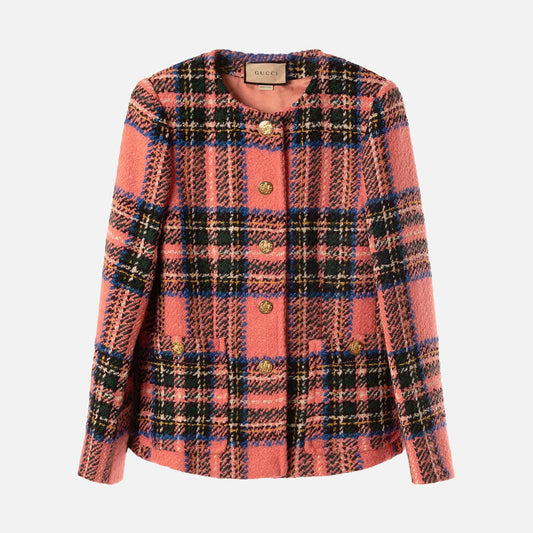 Gucci Pink Tartan-Check Wool Boucle Jacket