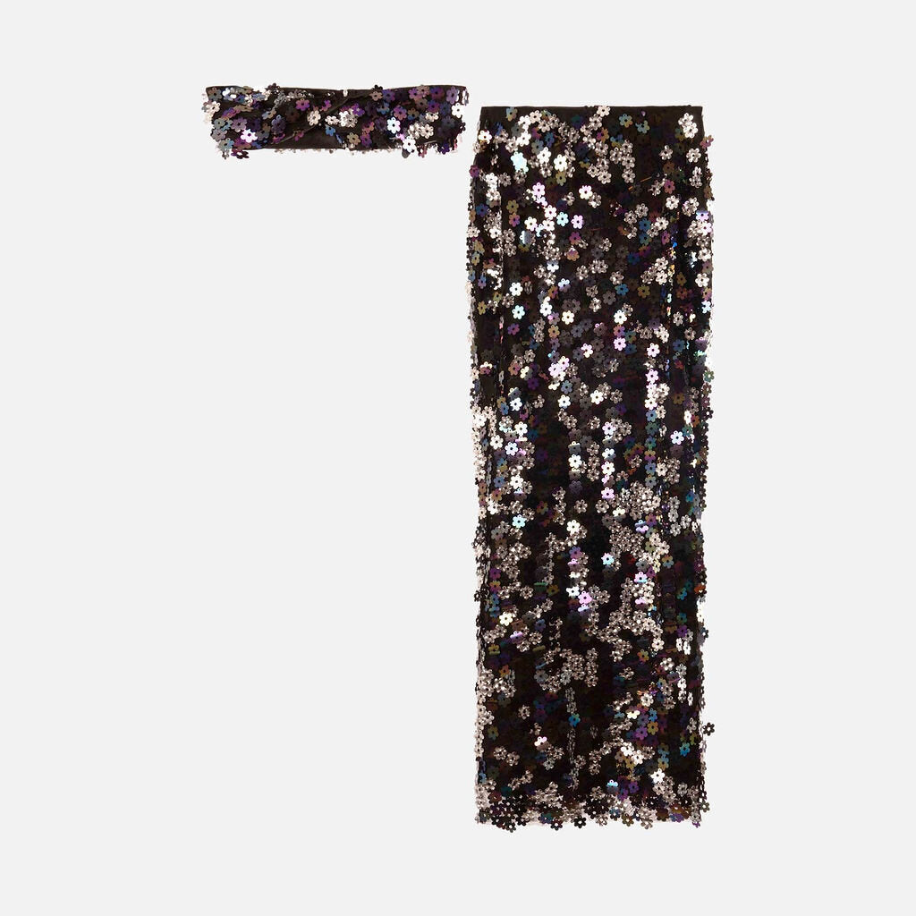New Arrivals Black Holographic Floral Sequin Skirt & Top Set