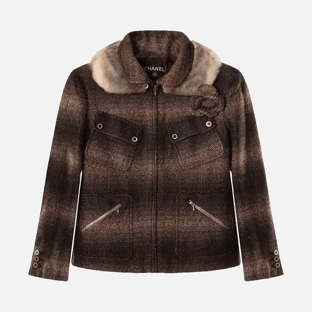 Chanel Brown Tweed Fur Lined Jacket